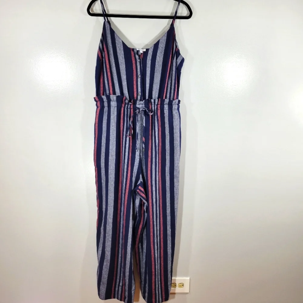 SPLENDID striped linen wide leg striped sleeveless button front jumpsuit